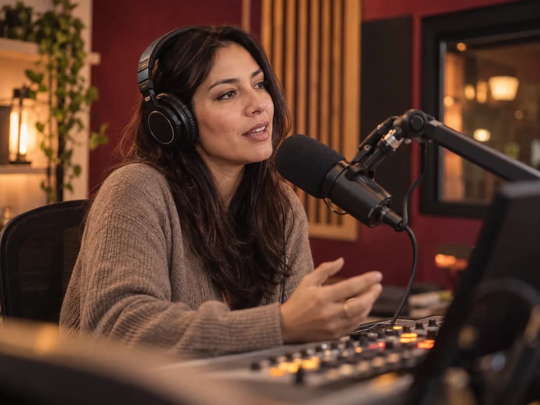 Conductora con auriculares y micrófono en un estudio de radio