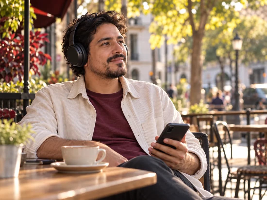 Una oyente escucha radio con auriculares y su celular al aire libre